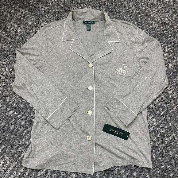 Ralph Lauren Women's Gray Pajama Top with White Trim - Picture 2 of 5